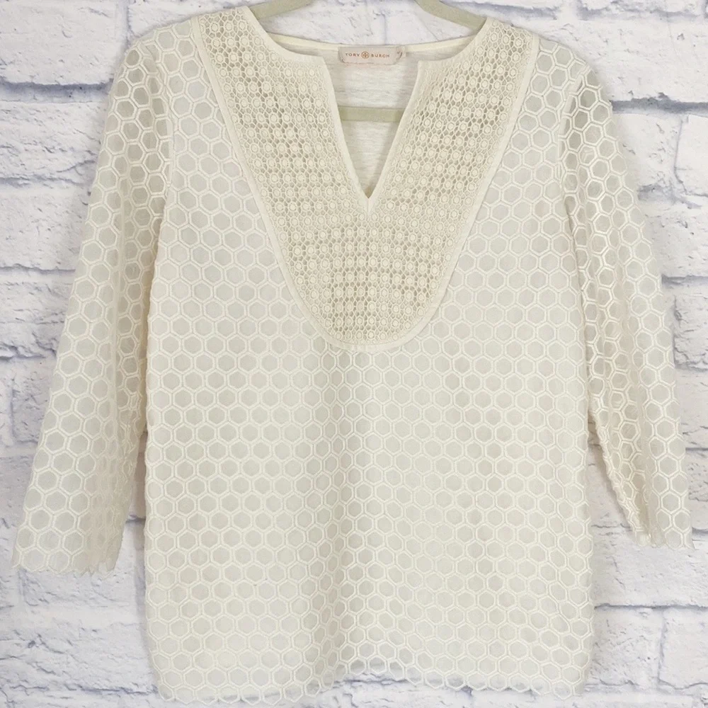 Tory Burch cream Tali honeycomb lace top small